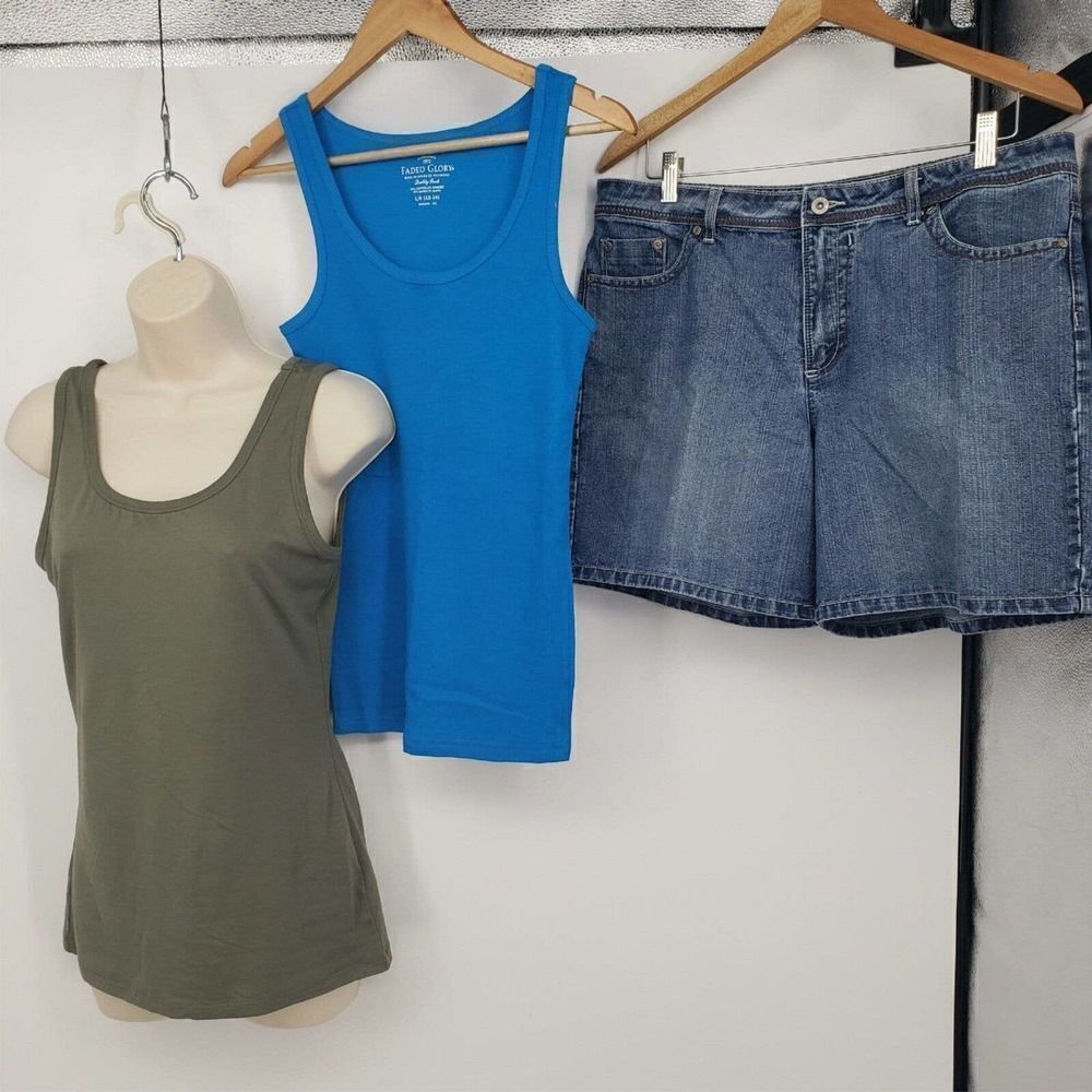 Lot of 3 Faded Glory Jean Shorts & Tank Tops 14 Lg